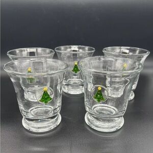 Set of 5 Art Glass Cup Tumbler Applied Christmas Tree Medallion Cocktail Dessert